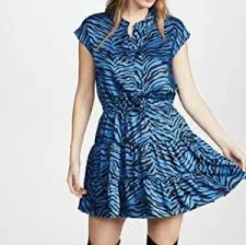 Rebecca Minkoff Ollie Zebra Print Tiered Satin Mini Dress in Sapphire Size XL